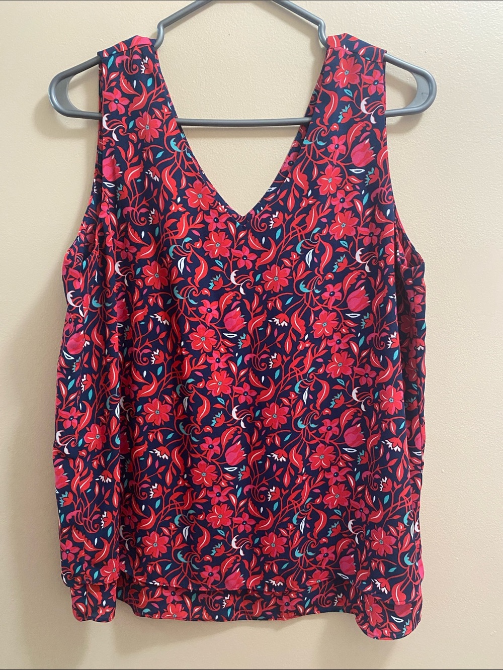 Ann Taylor Navy Tank Top with Red Floral Print